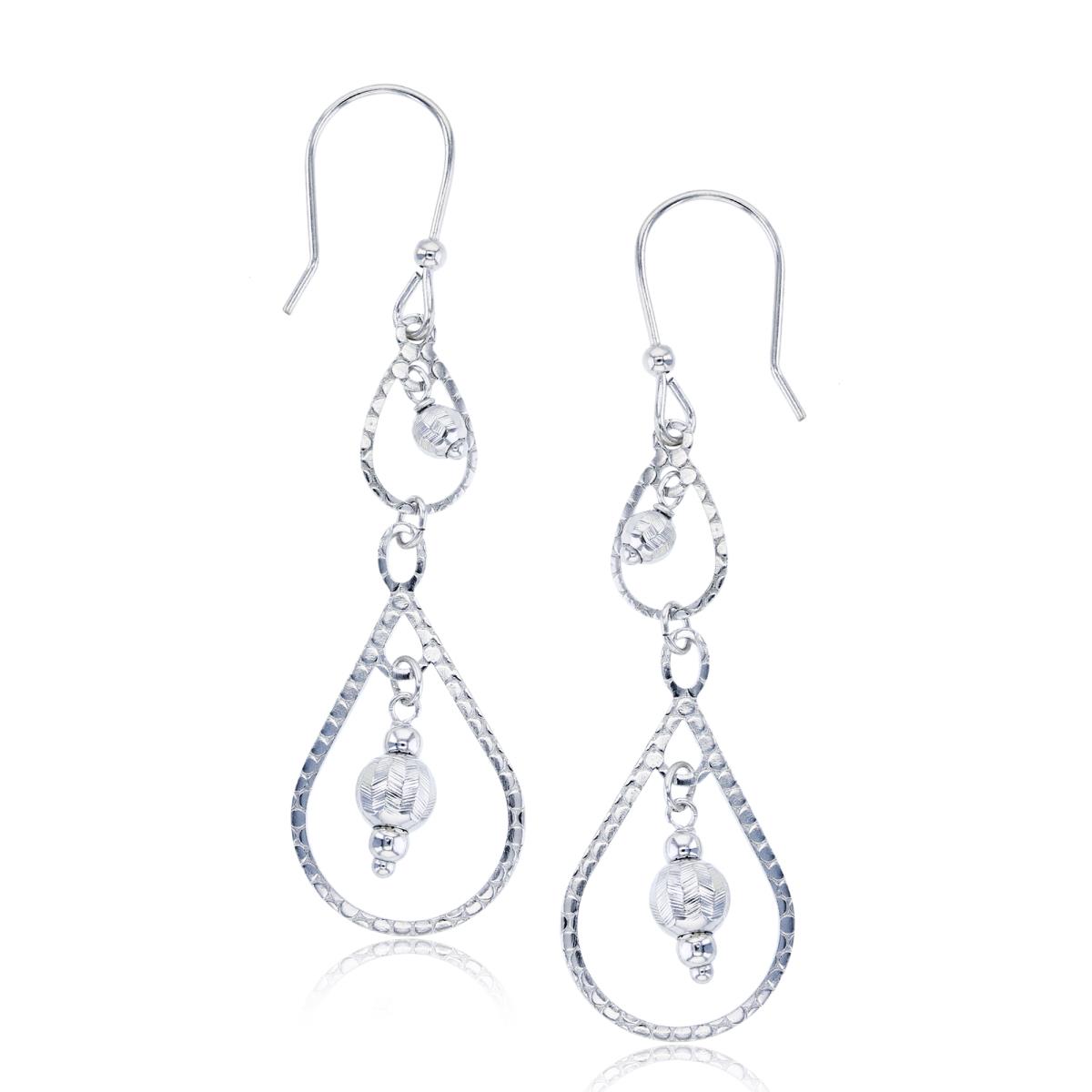 Sterling Silver Rhodium DC Beads in Double PS-shape Open Dangling Earring