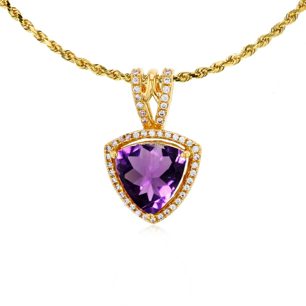 14K Yellow Gold 8mm Trillion Amethyst & 0.13 CTTW Diamonds Frame 18" Rope Chain Necklace