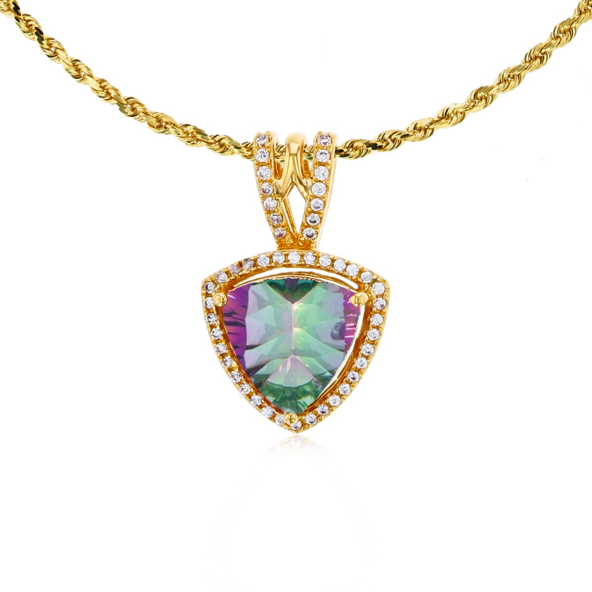 14K Yellow Gold 8mm Trillion Mystic Green Topaz & 0.13 CTTW Diamonds Frame 18" Rope Chain Necklace