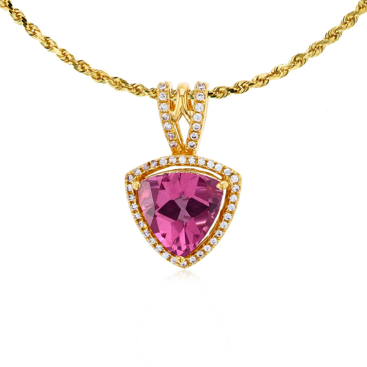 14K Yellow Gold 8mm Trillion Pure Pink & 0.13 CTTW Diamonds Frame 18" Rope Chain Necklace