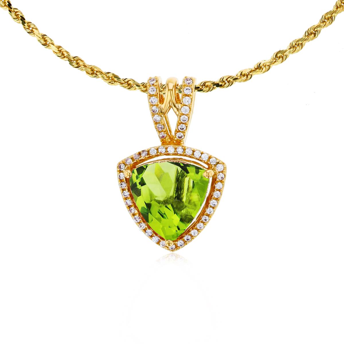 14K Yellow Gold 8mm Trillion Peridot & 0.13 CTTW Diamonds Frame 18" Rope Chain Necklace