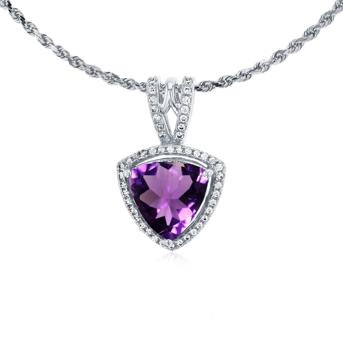 14K White Gold 8mm Trillion Amethyst & 0.13 CTTW Diamonds Frame 18" Rope Chain Necklace