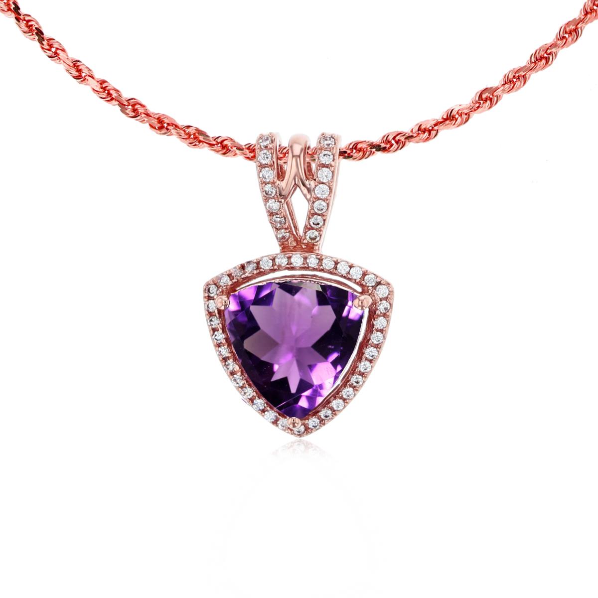 14K Rose Gold 8mm Trillion Amethyst & 0.13 CTTW Diamonds Frame 18" Rope Chain Necklace