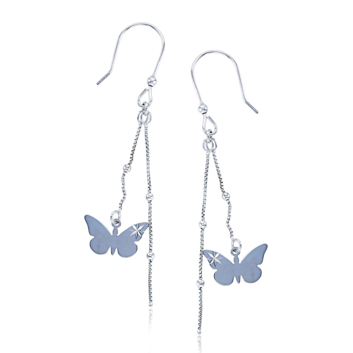 Sterling Silver Rhodium Butterfly Dangling on Chain Earring