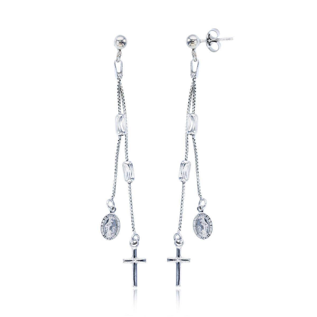 Sterling Silver Rhodium Cross/Virgin Mary on Chain Dangling Earring