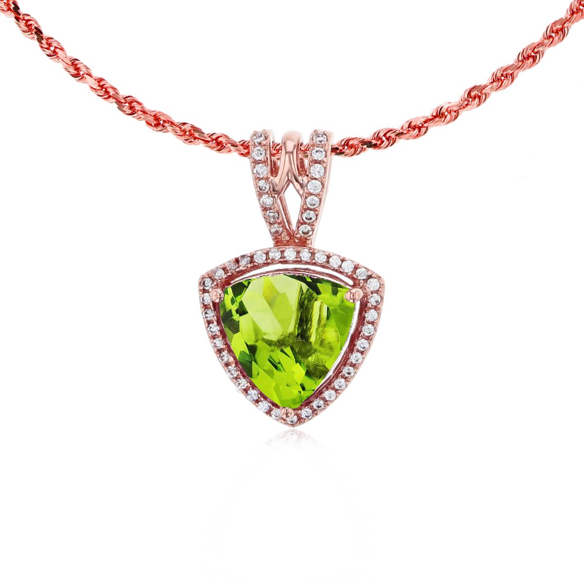 10K Rose Gold 8mm Trillion Peridot & 0.13 CTTW Diamonds Frame 18" Rope Chain Necklace