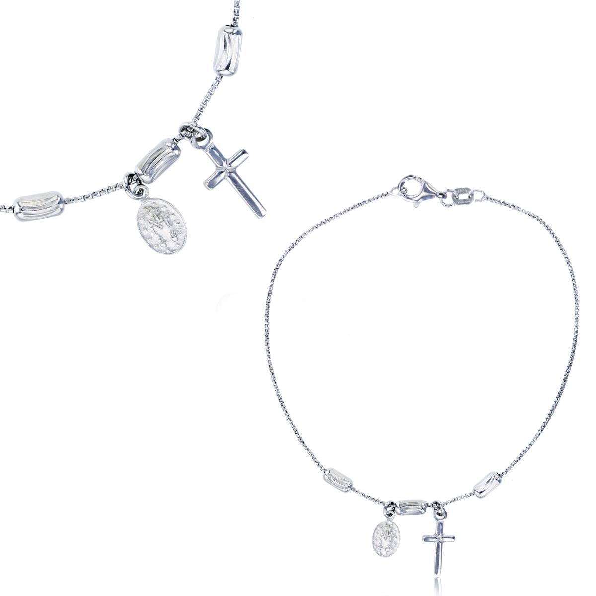 Sterling Silver Rhodium Cross/Virgin Mary Charms /DC Beads 7.25"Chain Bracelet