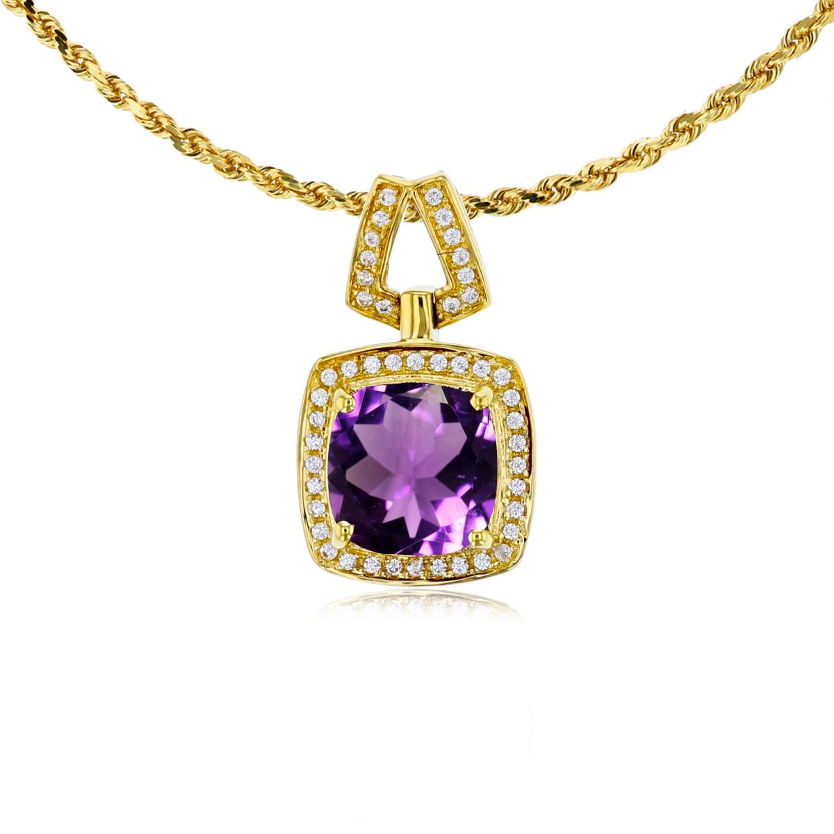 14K Yellow Gold 7mm Cushion Amethyst & 0.10 CTTW Diamond Halo 18" Rope Chain Necklace