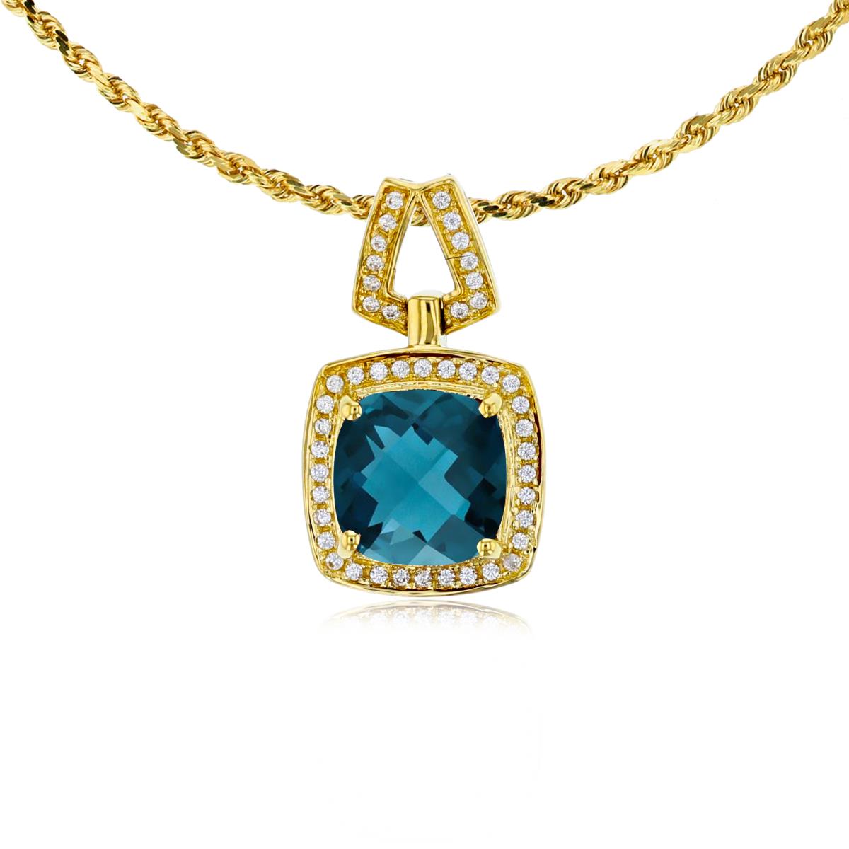 14K Yellow Gold 7mm Cushion London Blue Topaz & 0.10 CTTW Diamond Halo 18" Rope Chain Necklace