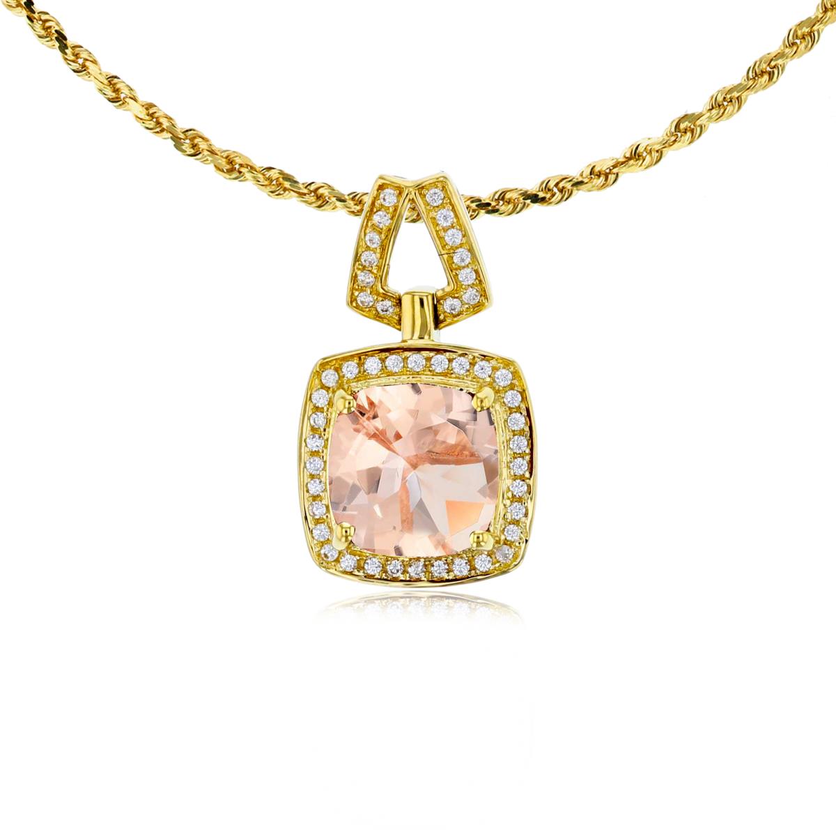 14K Yellow Gold 7mm Cushion Morganite & 0.10 CTTW Diamond Halo 18" Rope Chain Necklace