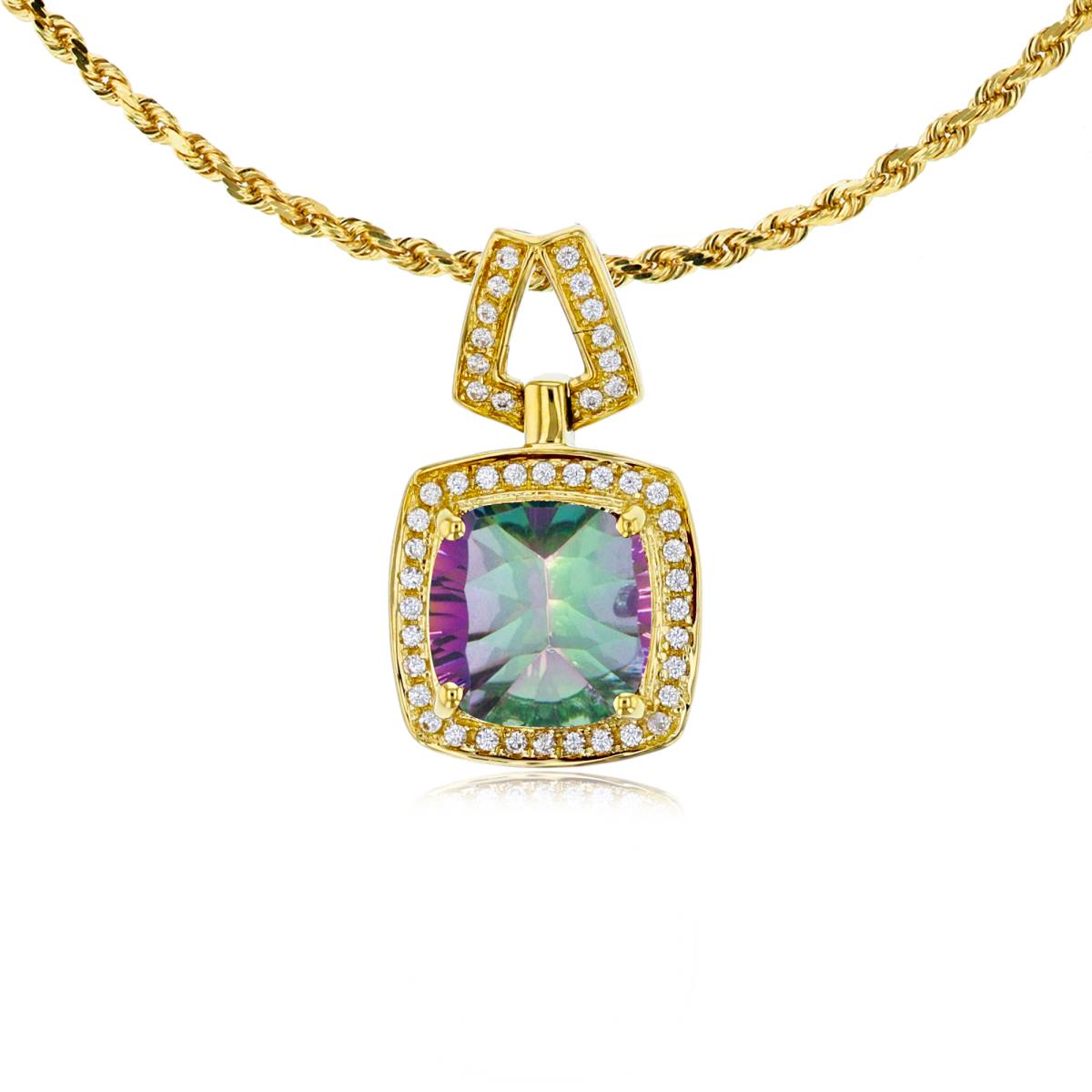 14K Yellow Gold 7mm Cushion Mystic Green Topaz & 0.10 CTTW Diamond Halo 18" Rope Chain Necklace
