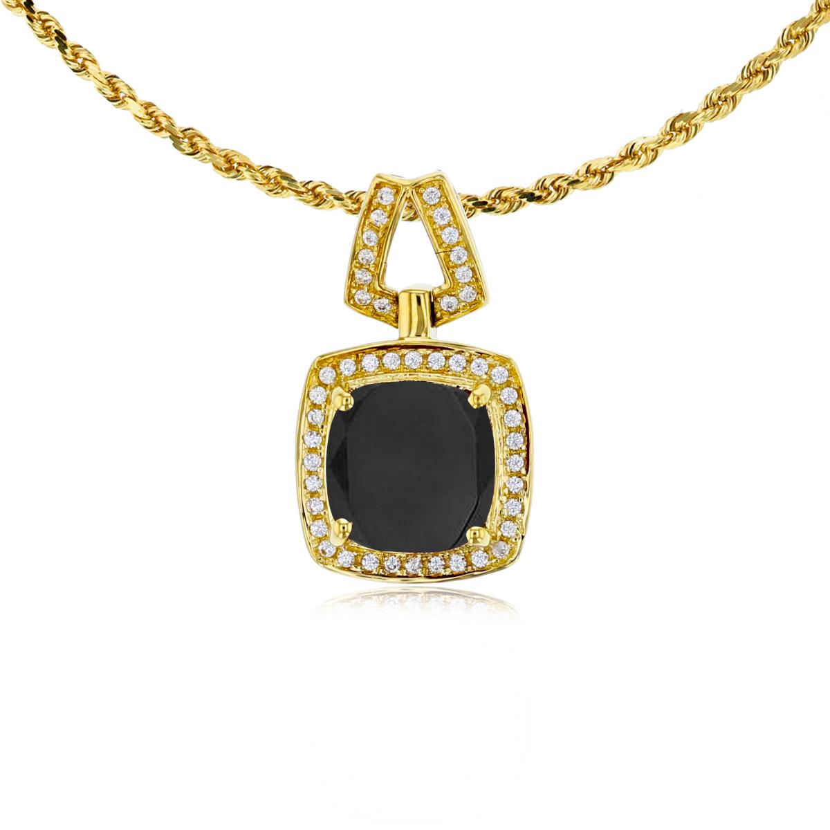14K Yellow Gold 7mm Cushion Onyx & 0.10 CTTW Diamond Halo 18" Rope Chain Necklace