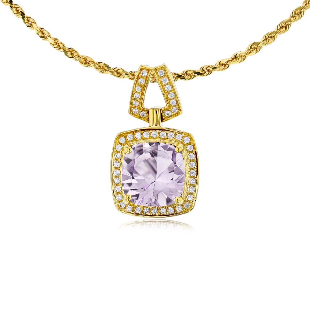 14K Yellow Gold 7mm Cushion Rose De France & 0.10 CTTW Diamond Halo 18" Rope Chain Necklace