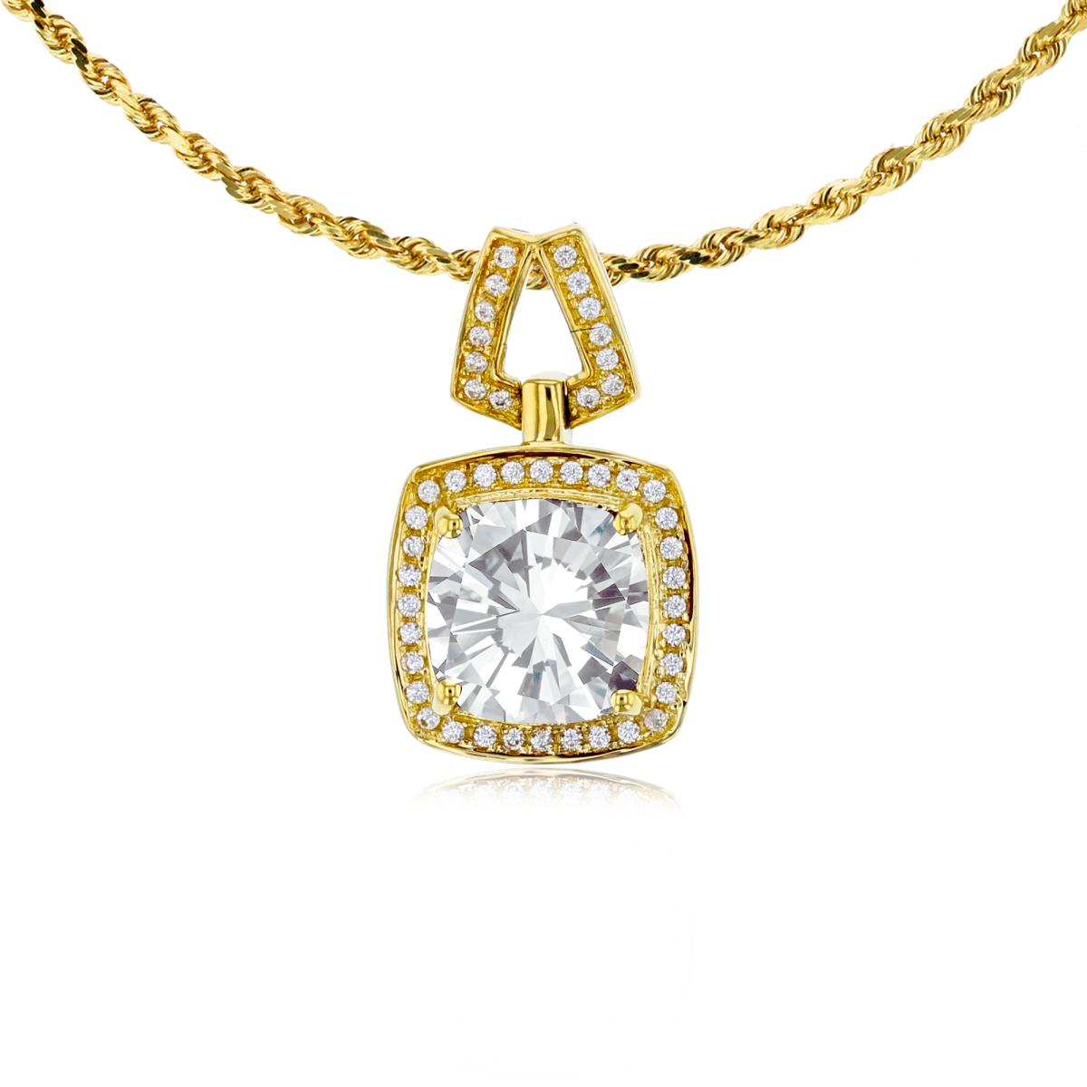 14K Yellow Gold 7mm Cushion White Topaz & 0.10 CTTW Diamond Halo 18" Rope Chain Necklace