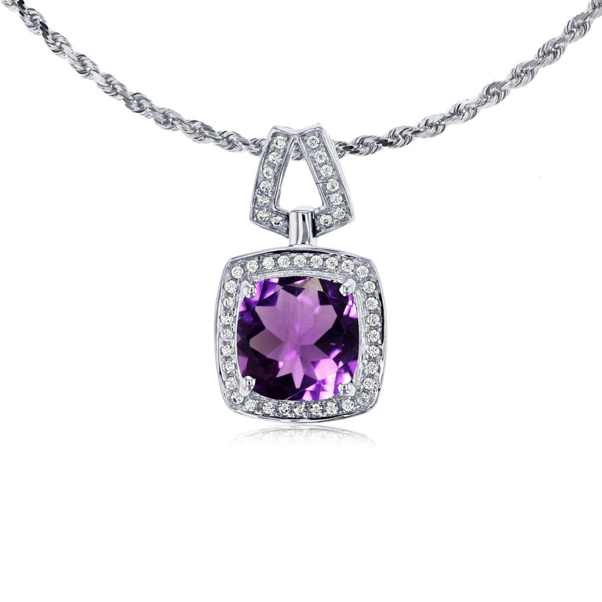 14K White Gold 7mm Cushion Amethyst & 0.10 CTTW Diamond Halo 18" Rope Chain Necklace