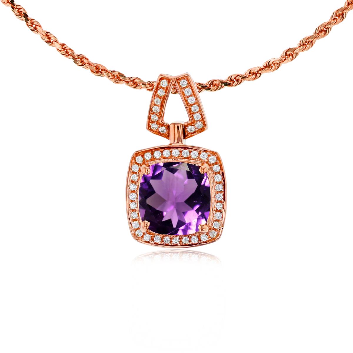 14K Rose Gold 7mm Cushion Amethyst & 0.10 CTTW Diamond Halo 18" Rope Chain Necklace