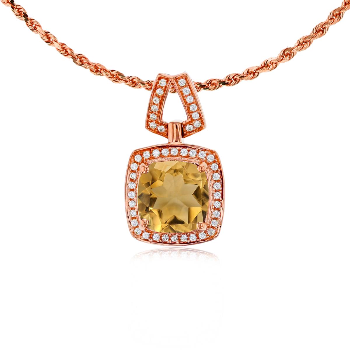 14K Rose Gold 7mm Cushion Citrine & 0.10 CTTW Diamond Halo 18" Rope Chain Necklace