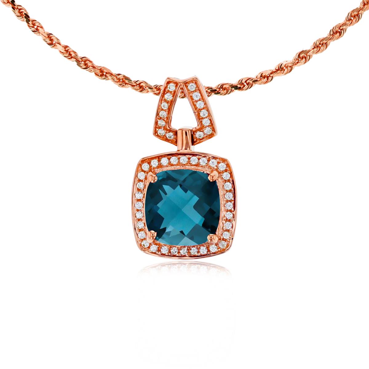 14K Rose Gold 7mm Cushion London Blue Topaz & 0.10 CTTW Diamond Halo 18" Rope Chain Necklace