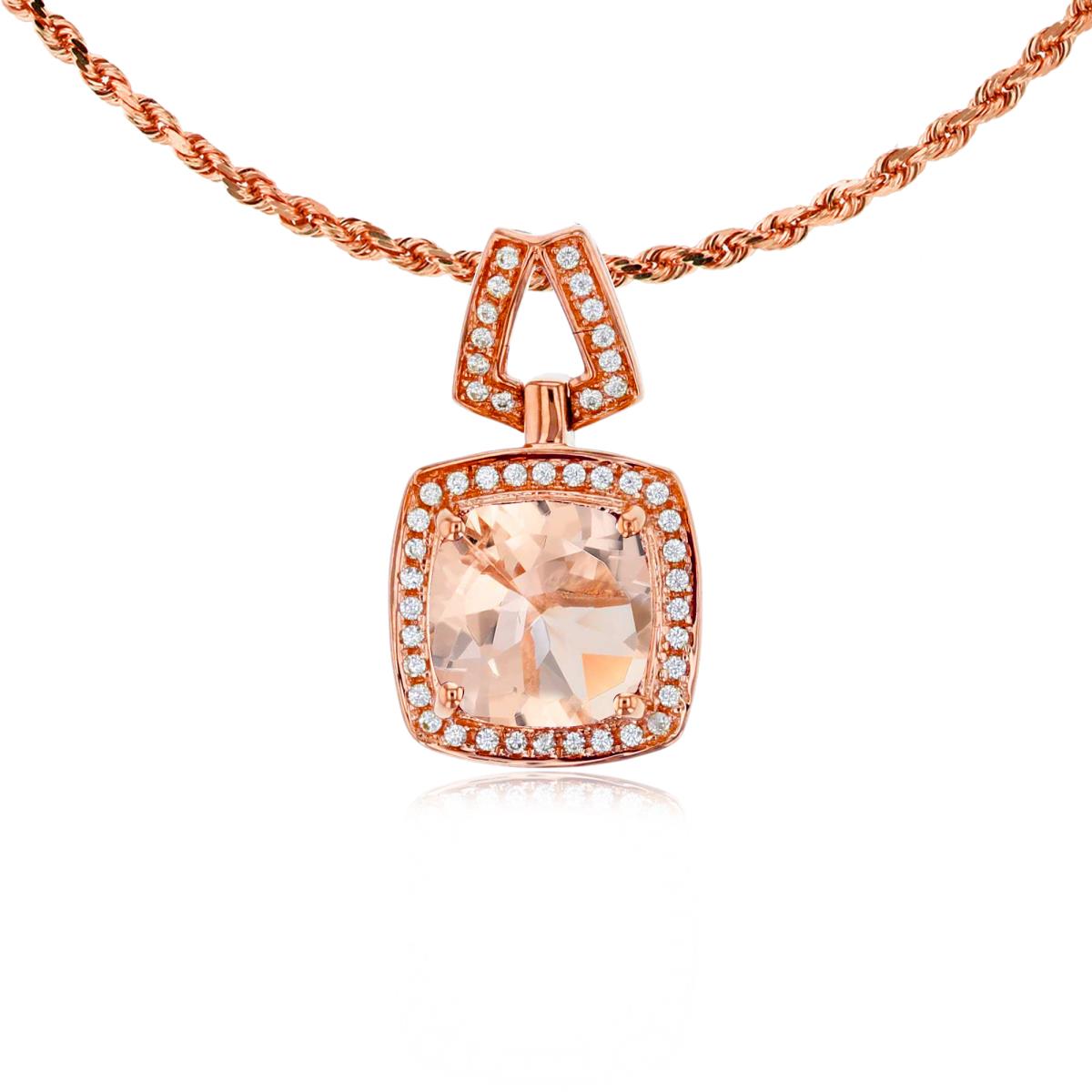 14K Rose Gold 7mm Cushion Morganite & 0.10 CTTW Diamond Halo 18" Rope Chain Necklace