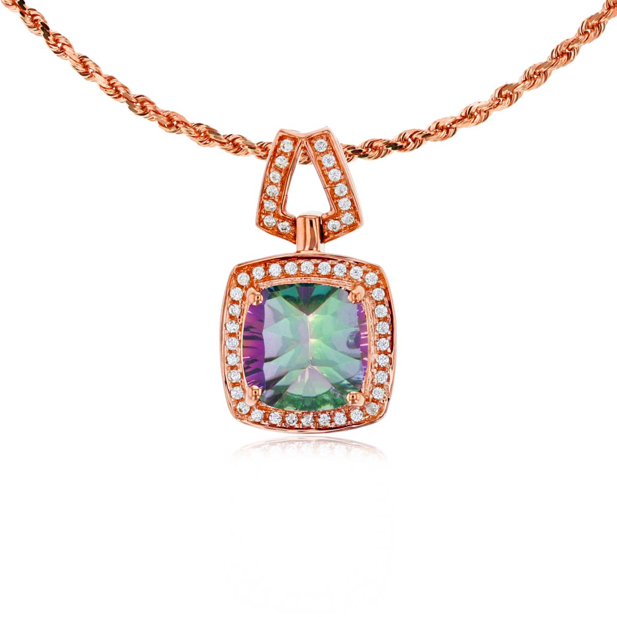 14K Rose Gold 7mm Cushion Mystic Green Topaz & 0.10 CTTW Diamond Halo 18" Rope Chain Necklace
