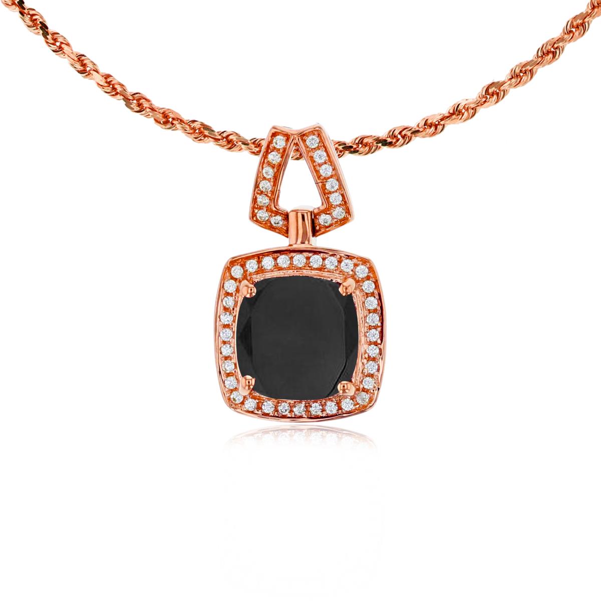 14K Rose Gold 7mm Cushion Onyx & 0.10 CTTW Diamond Halo 18" Rope Chain Necklace