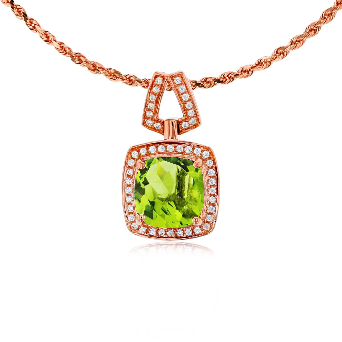 14K Rose Gold 7mm Cushion Peridot & 0.10 CTTW Diamond Halo 18" Rope Chain Necklace