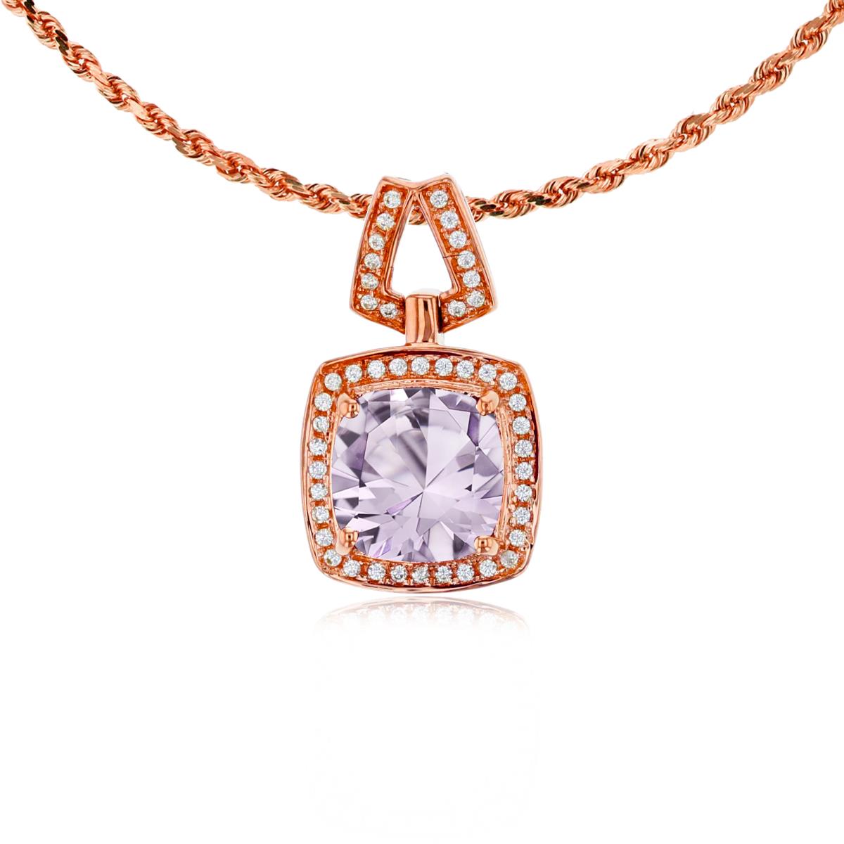 14K Rose Gold 7mm Cushion Rose De France & 0.10 CTTW Diamond Halo 18" Rope Chain Necklace