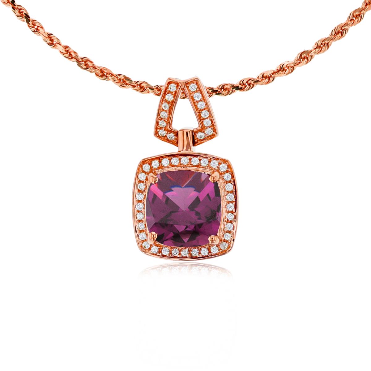 14K Rose Gold 7mm Cushion Rhodolite & 0.10 CTTW Diamond Halo 18" Rope Chain Necklace