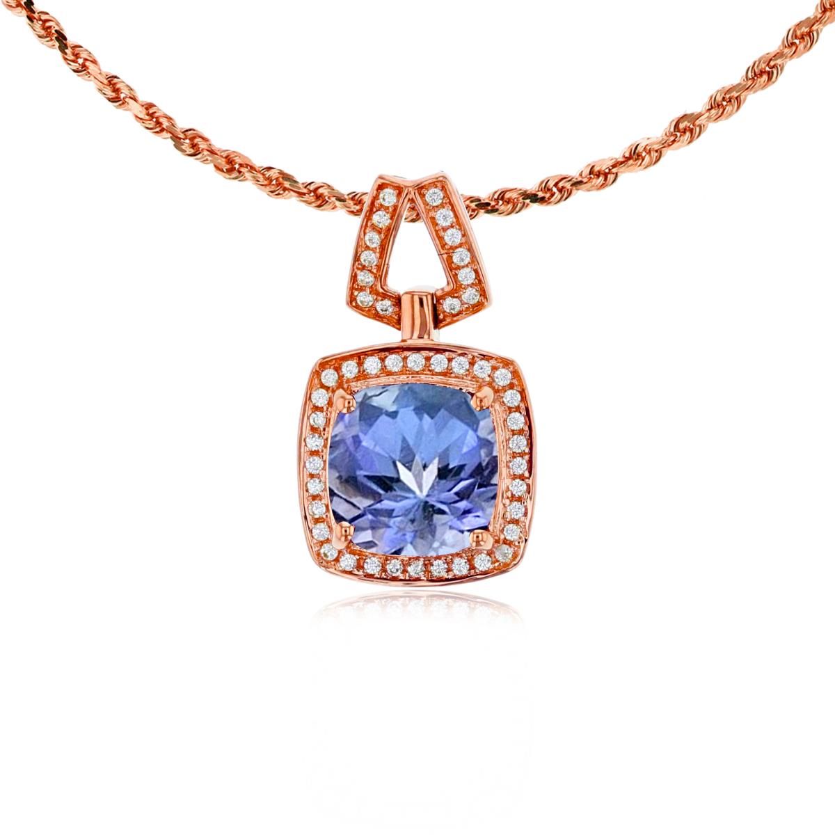 14K Rose Gold 7mm Cushion Tanzanite & 0.10 CTTW Diamond Halo 18" Rope Chain Necklace