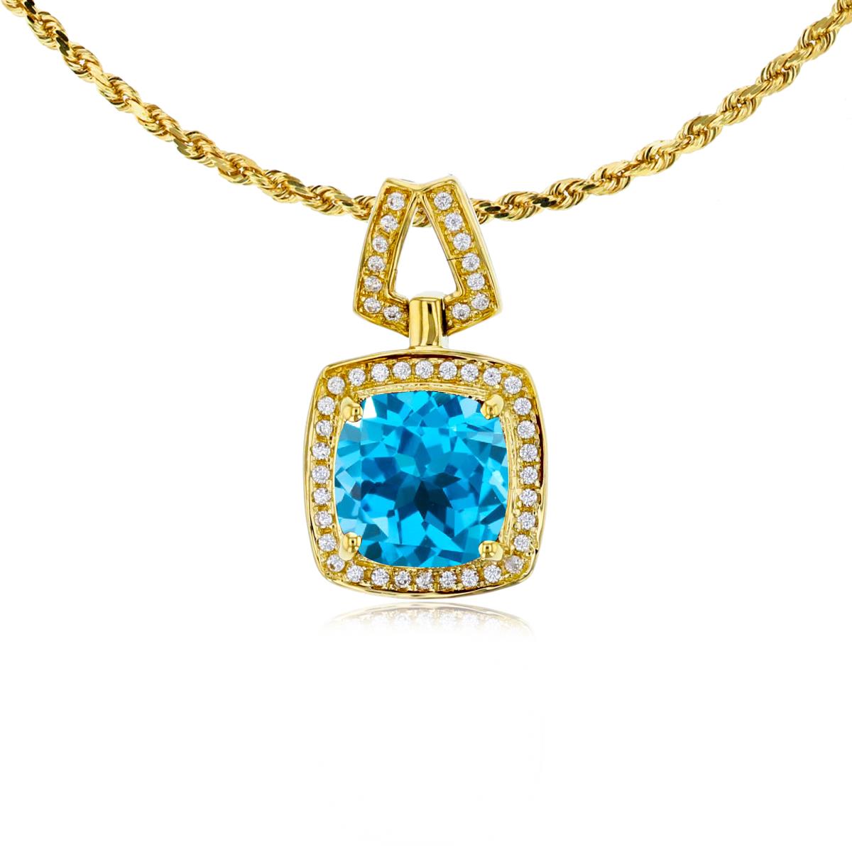 10K Yellow Gold 7mm Cushion Swiss Blue Topaz & 0.10 CTTW Diamond Halo 18" Rope Chain Necklace