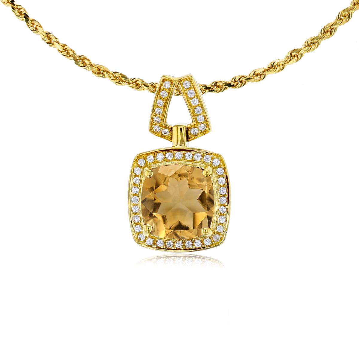 10K Yellow Gold 7mm Cushion Citrine & 0.10 CTTW Diamond Halo 18" Rope Chain Necklace