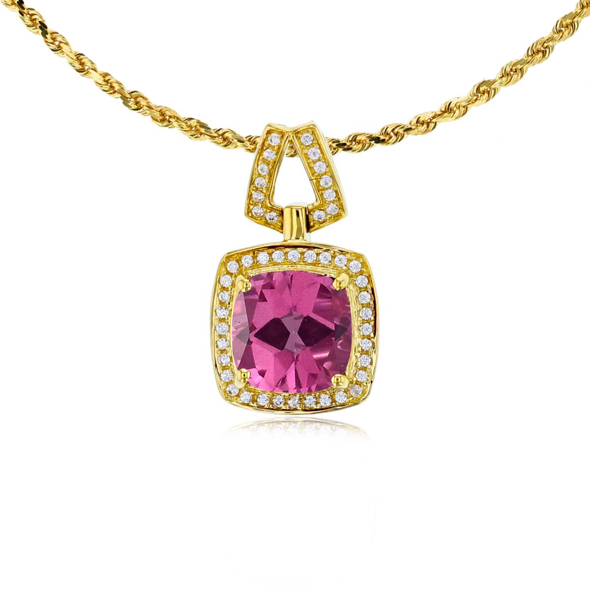 10K Yellow Gold 7mm Cushion Pure Pink & 0.10 CTTW Diamond Halo 18" Rope Chain Necklace