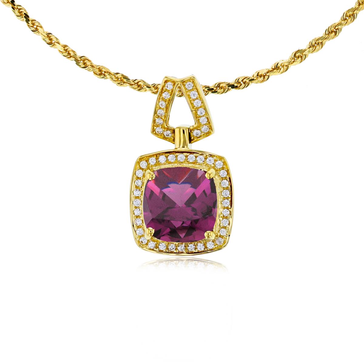 10K Yellow Gold 7mm Cushion Rhodolite & 0.10 CTTW Diamond Halo 18" Rope Chain Necklace