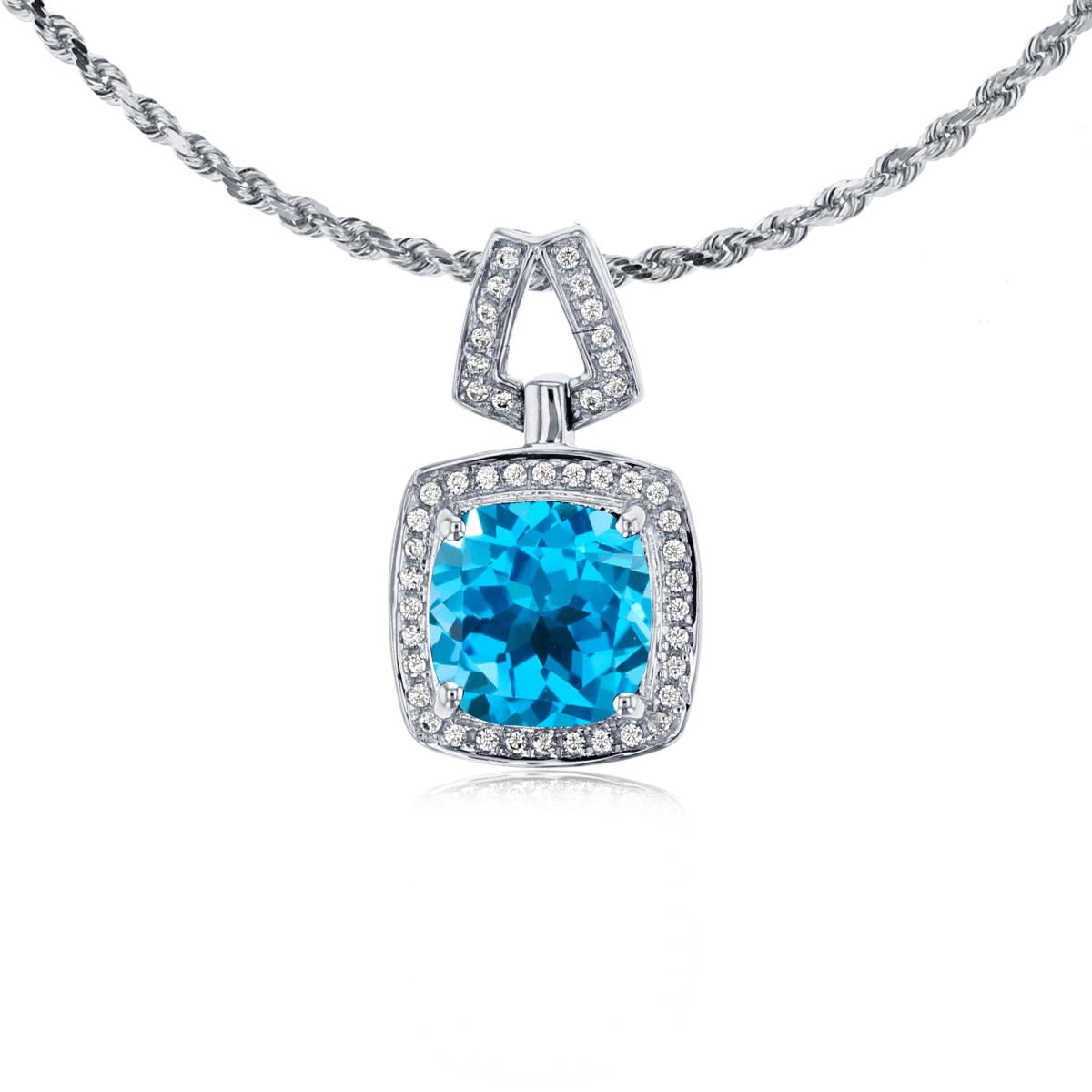 10K White Gold 7mm Cushion Swiss Blue Topaz & 0.10 CTTW Diamond Halo 18" Rope Chain Necklace