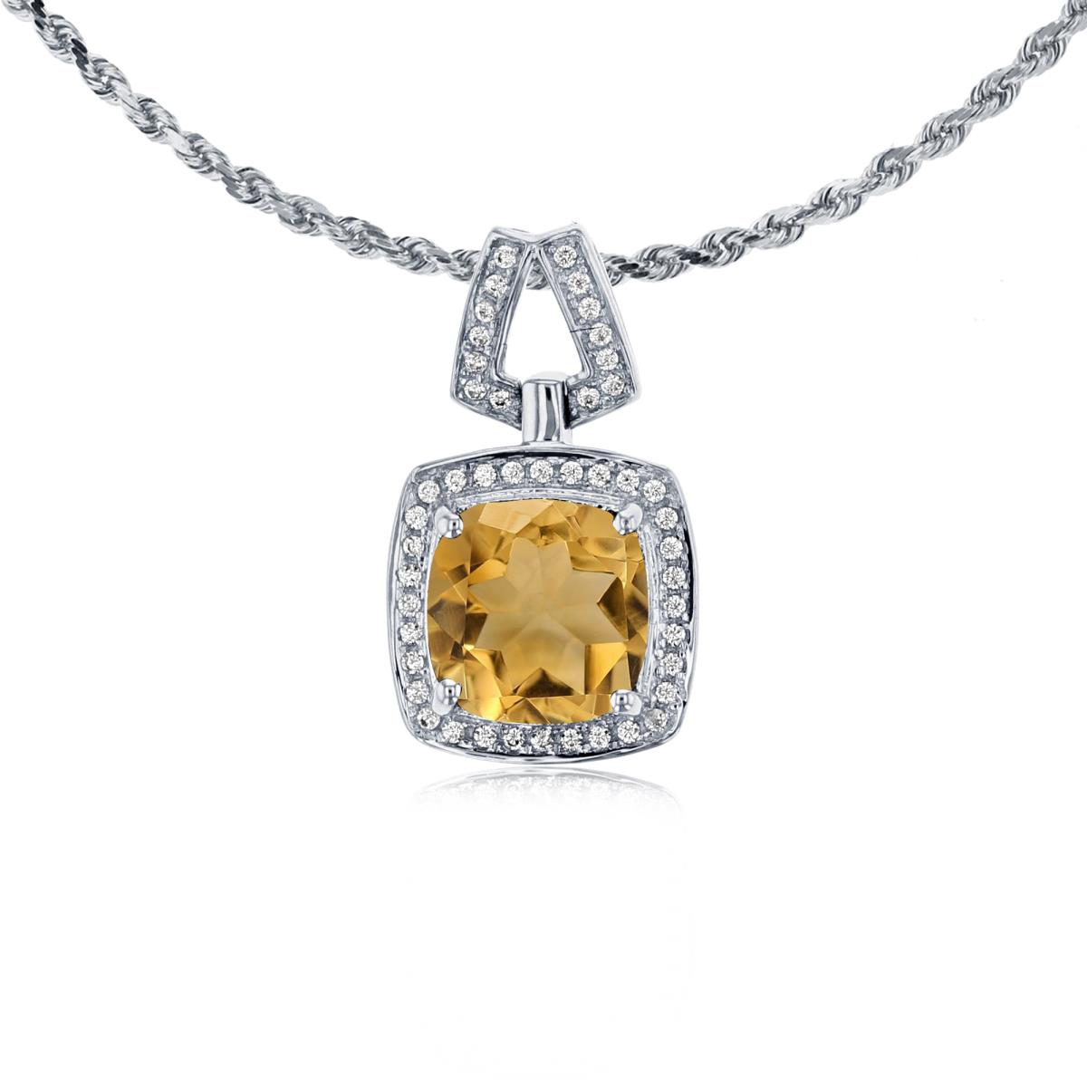 10K White Gold 7mm Cushion Citrine & 0.10 CTTW Diamond Halo 18" Rope Chain Necklace