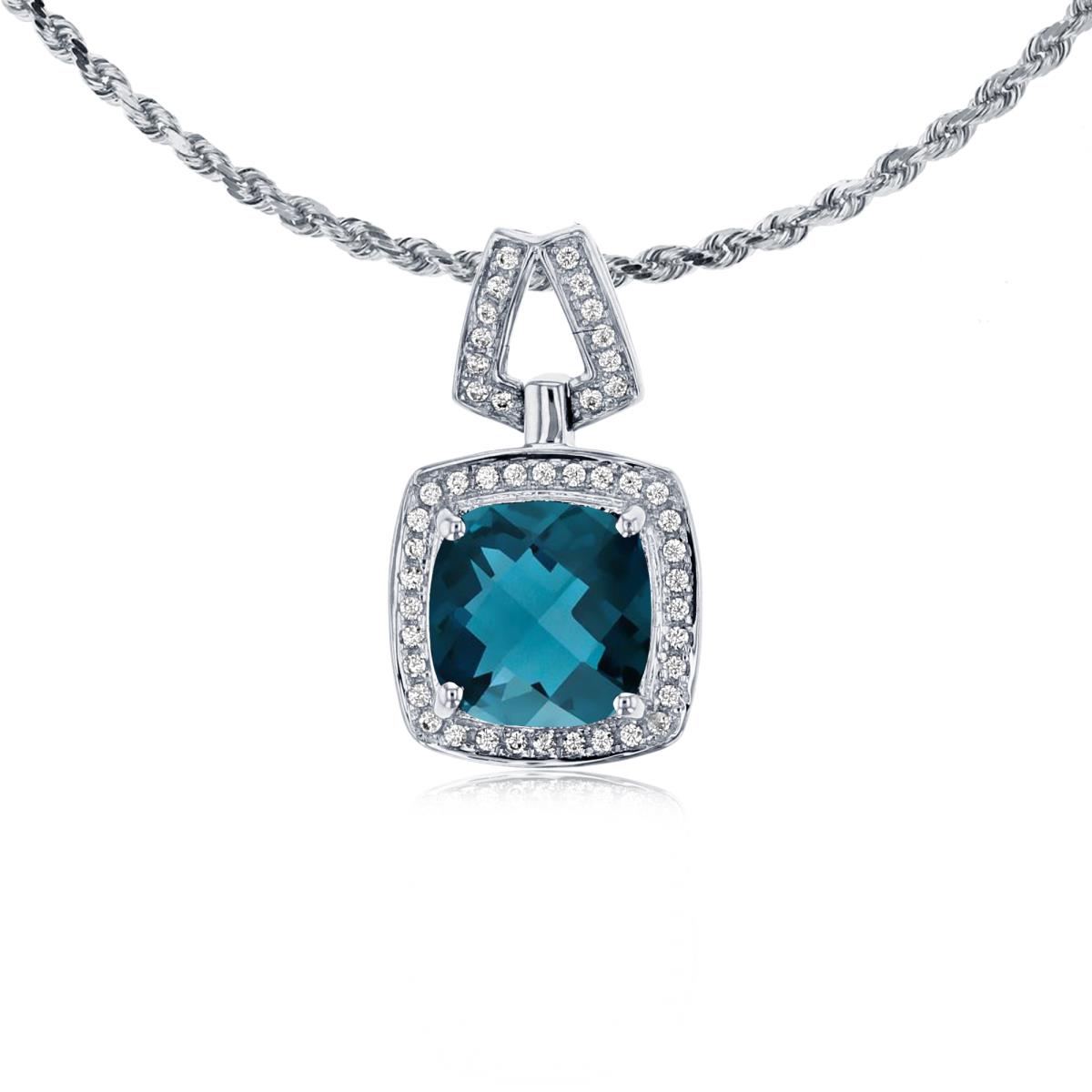 10K White Gold 7mm Cushion London Blue Topaz & 0.10 CTTW Diamond Halo 18" Rope Chain Necklace