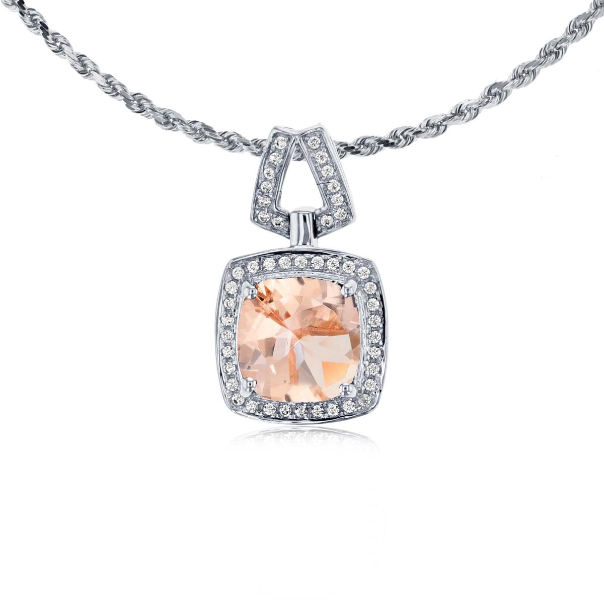10K White Gold 7mm Cushion Morganite & 0.10 CTTW Diamond Halo 18" Rope Chain Necklace