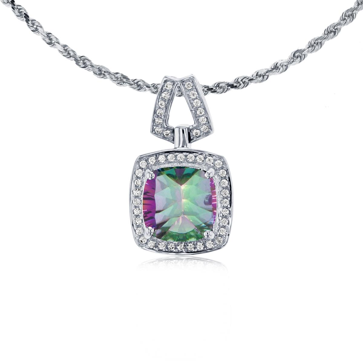 10K White Gold 7mm Cushion Mystic Green Topaz & 0.10 CTTW Diamond Halo 18" Rope Chain Necklace