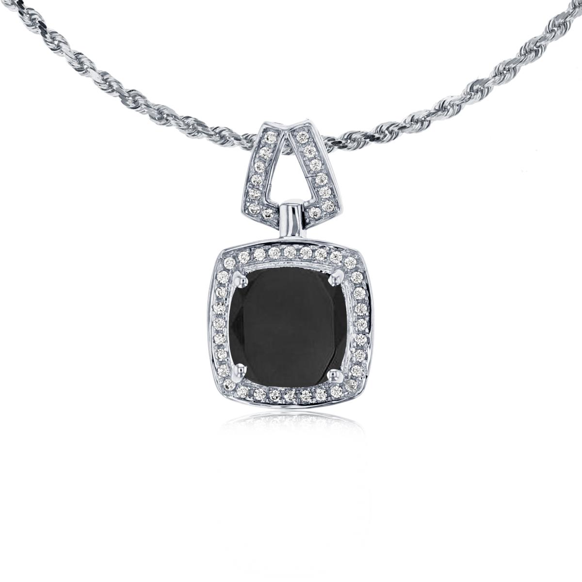 10K White Gold 7mm Cushion Onyx & 0.10 CTTW Diamond Halo 18" Rope Chain Necklace