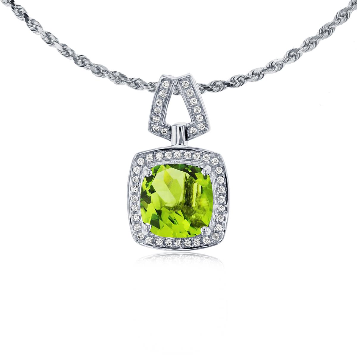 10K White Gold 7mm Cushion Peridot & 0.10 CTTW Diamond Halo 18" Rope Chain Necklace