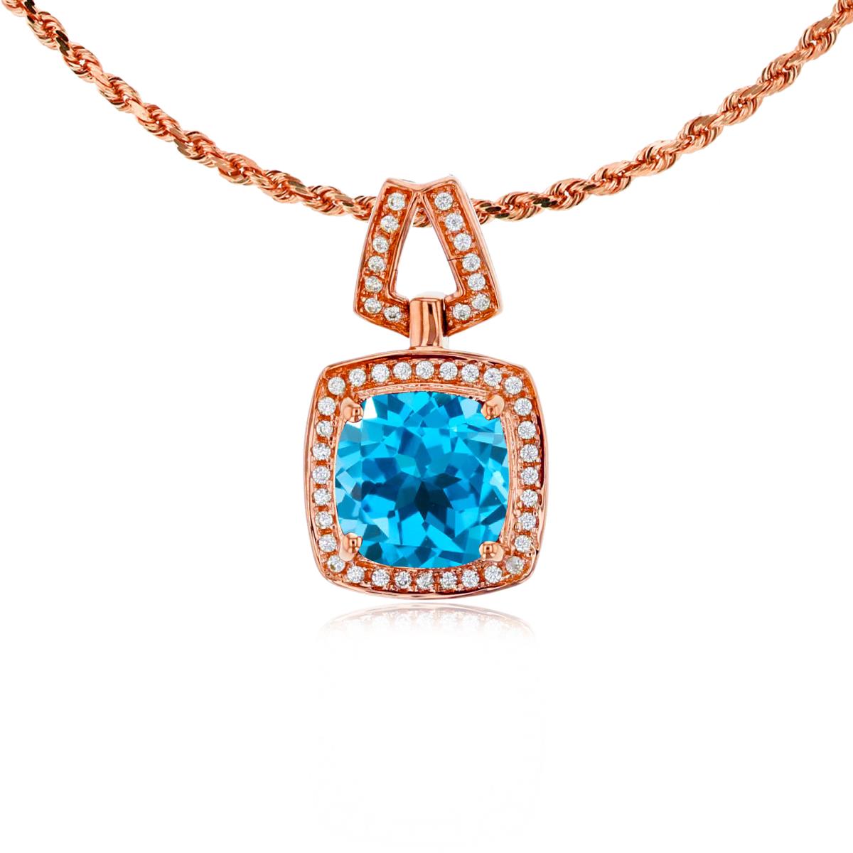 10K Rose Gold 7mm Cushion Swiss Blue Topaz & 0.10 CTTW Diamond Halo 18" Rope Chain Necklace