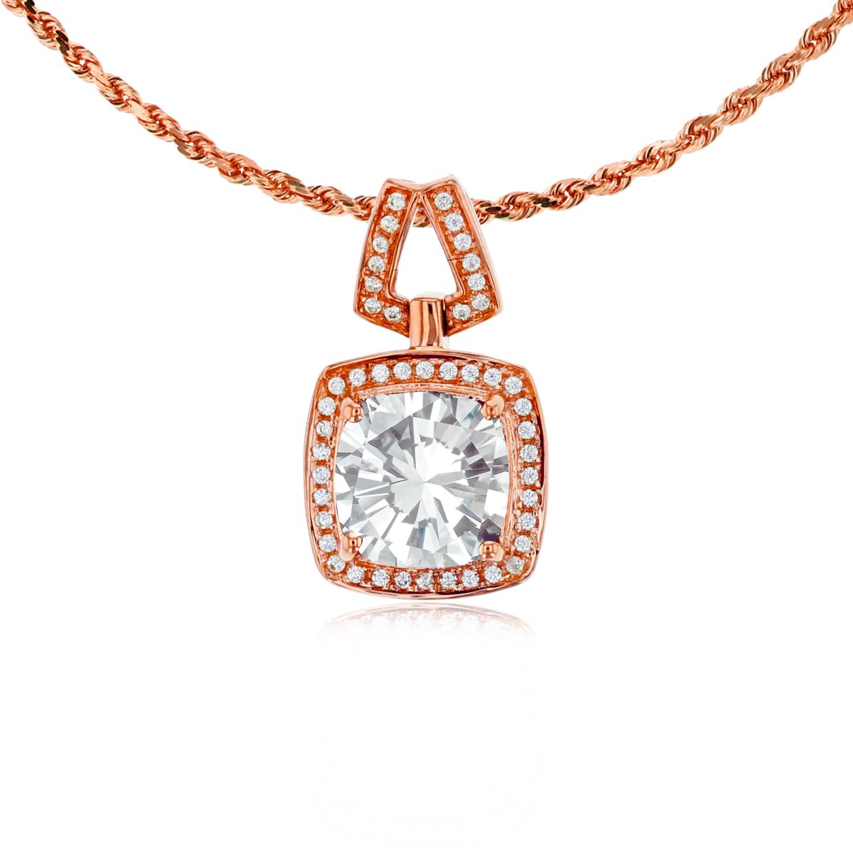 10K Rose Gold 7mm Cushion White Topaz & 0.10 CTTW Diamond Halo 18" Rope Chain Necklace