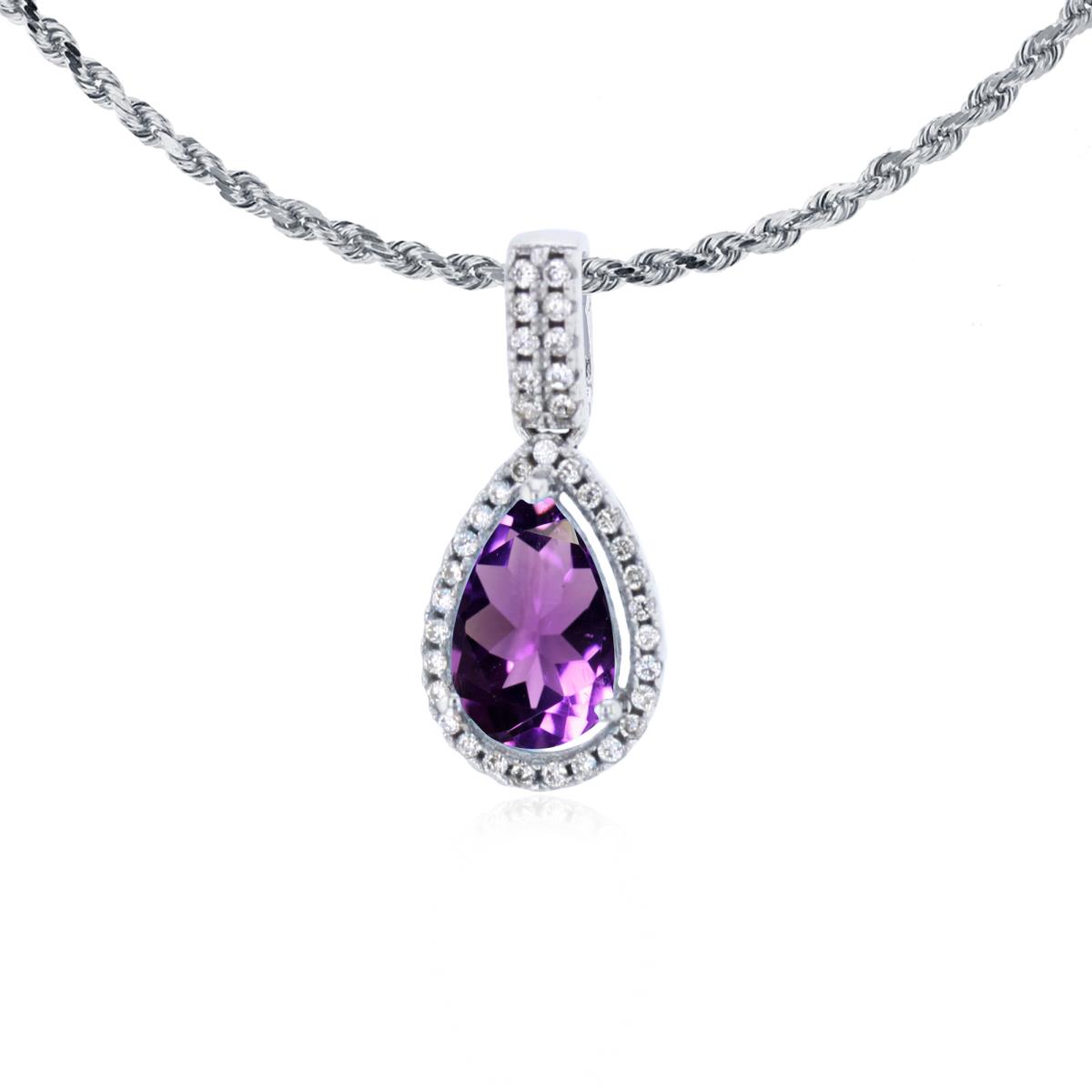 14K White Gold 8x5mm Pear Cut Amethyst & 0.11 CTTW Diamond Halo 18" Rope Chain Necklace