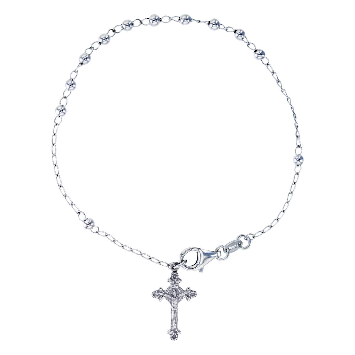 Sterling Silver Rhodium 18x12mm Crucifix Charm & Beads on Chain 7.75"Rosary Bracelet