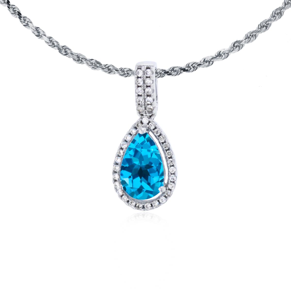 14K White Gold 8x5mm Pear Cut Swiss Blue Topaz & 0.11 CTTW Diamond Halo 18" Rope Chain Necklace