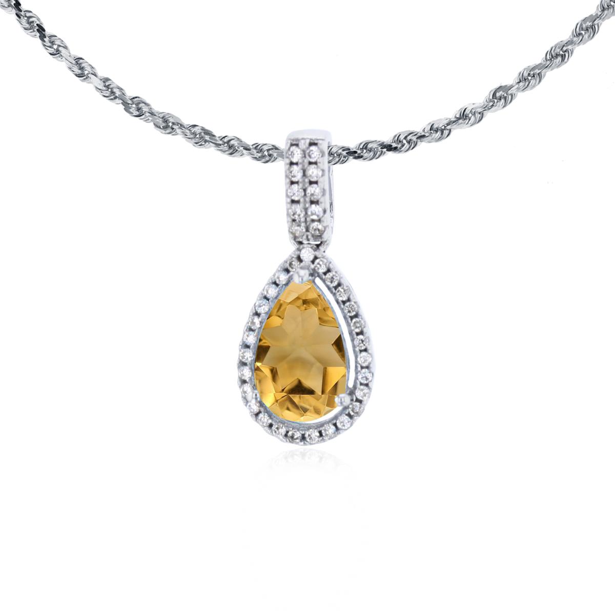 14K White Gold 8x5mm Pear Cut Citrine & 0.11 CTTW Diamond Halo 18" Rope Chain Necklace