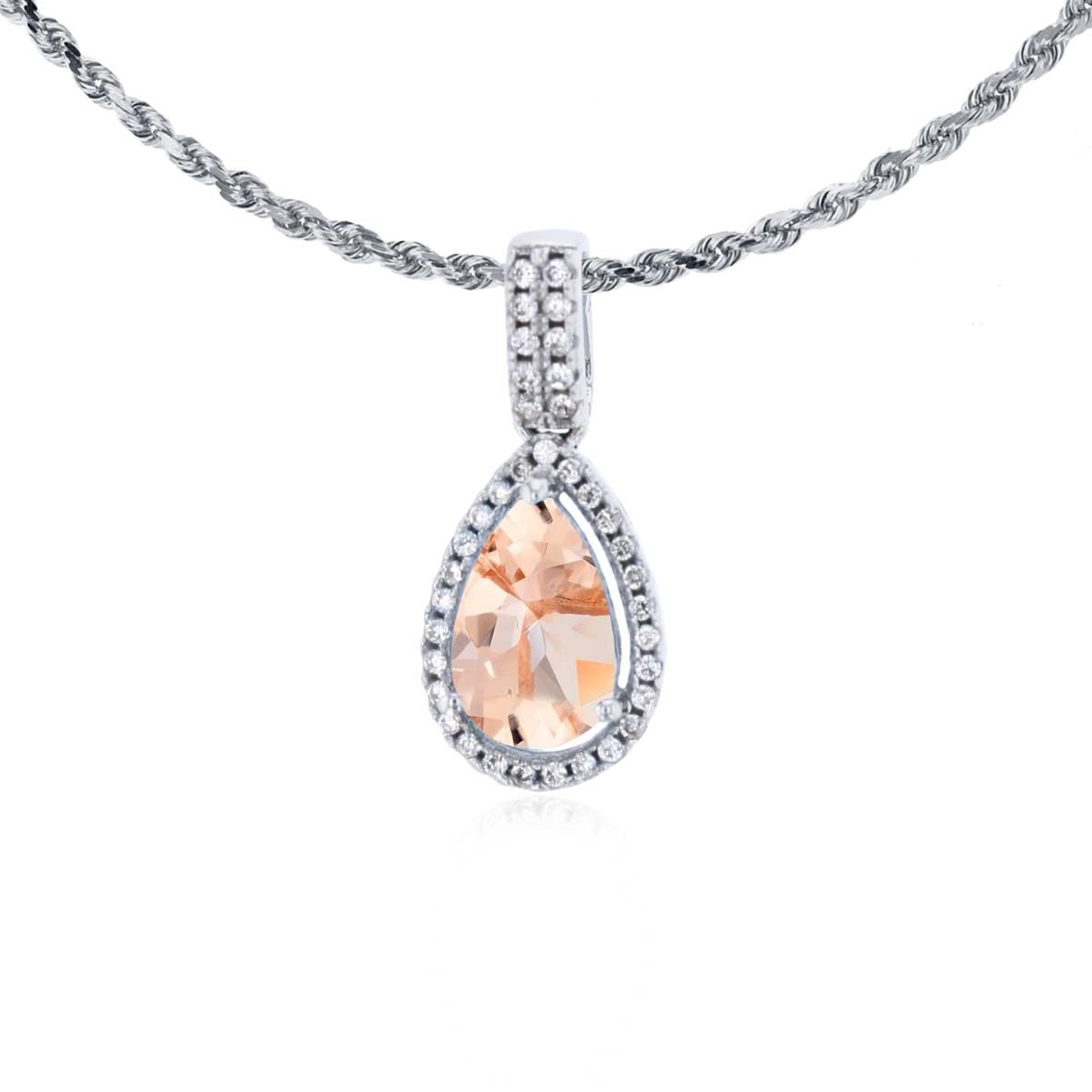 14K White Gold 8x5mm Pear Cut Morganite & 0.11 CTTW Diamond Halo 18" Rope Chain Necklace