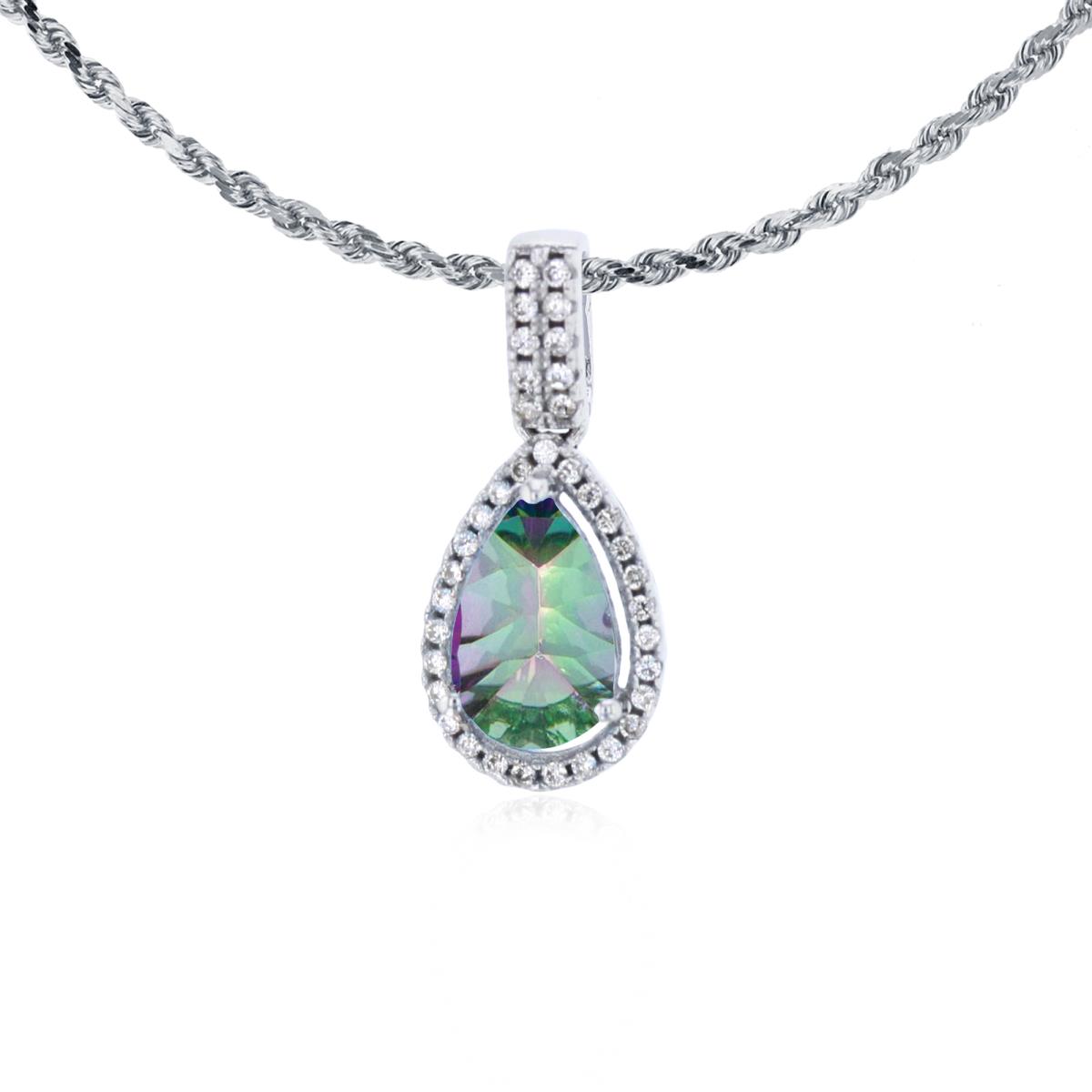 14K White Gold 8x5mm Pear Cut Mystic Green Topaz & 0.11 CTTW Diamond Halo 18" Rope Chain Necklace