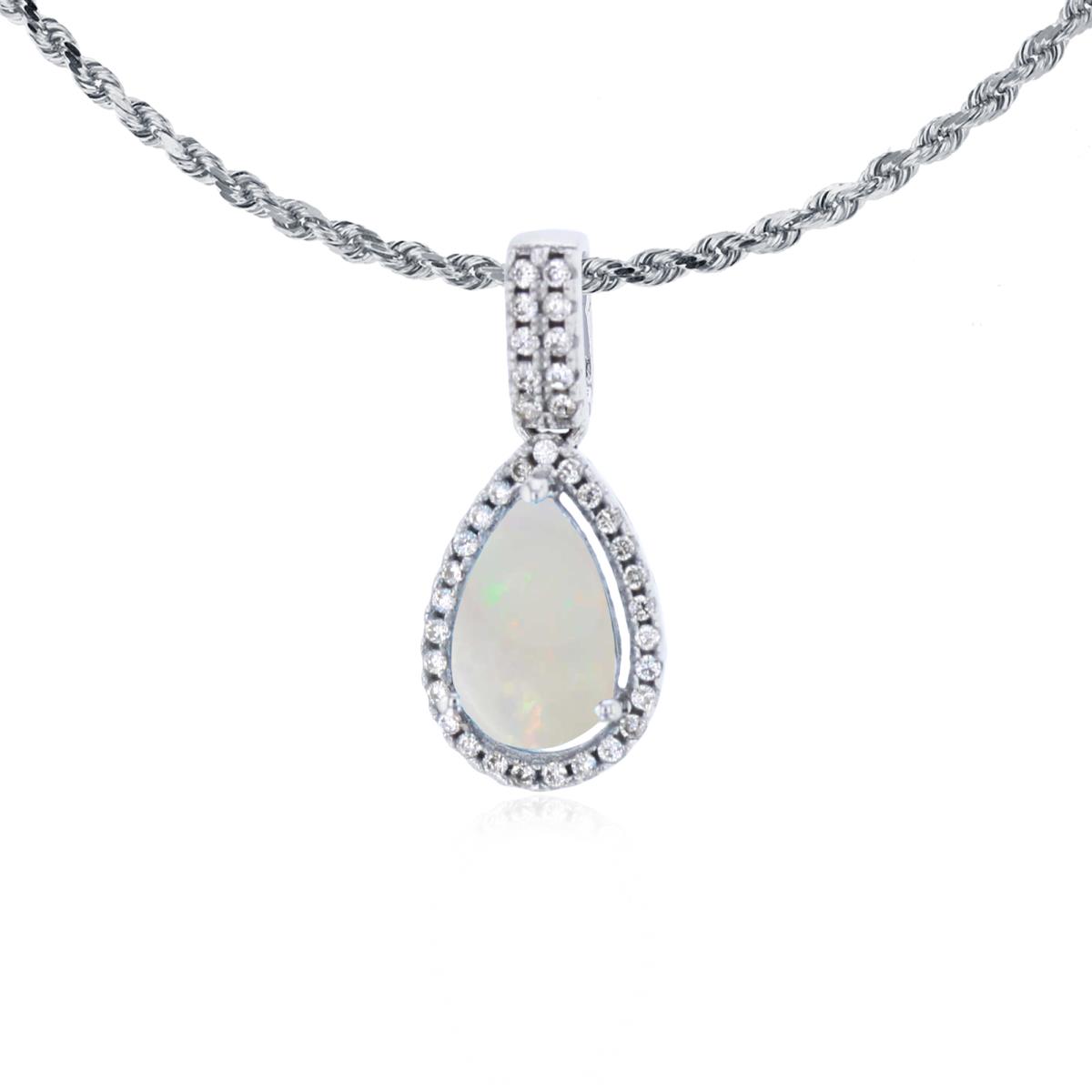 14K White Gold 8x5mm Pear Cut Opal & 0.11 CTTW Diamond Halo 18" Rope Chain Necklace