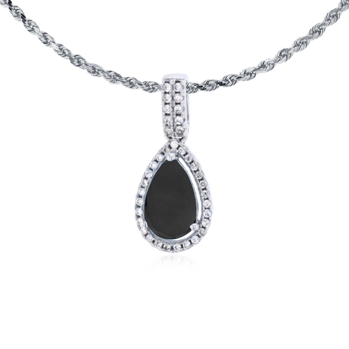 14K White Gold 8x5mm Pear Cut Onyx & 0.11 CTTW Diamond Halo 18" Rope Chain Necklace
